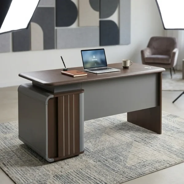 Walnut wood 1.8m Modern Executive Desk with a built-in electronic lock drawer and charcoal gray base resting on a beige textured rug in a contemporary home office.
