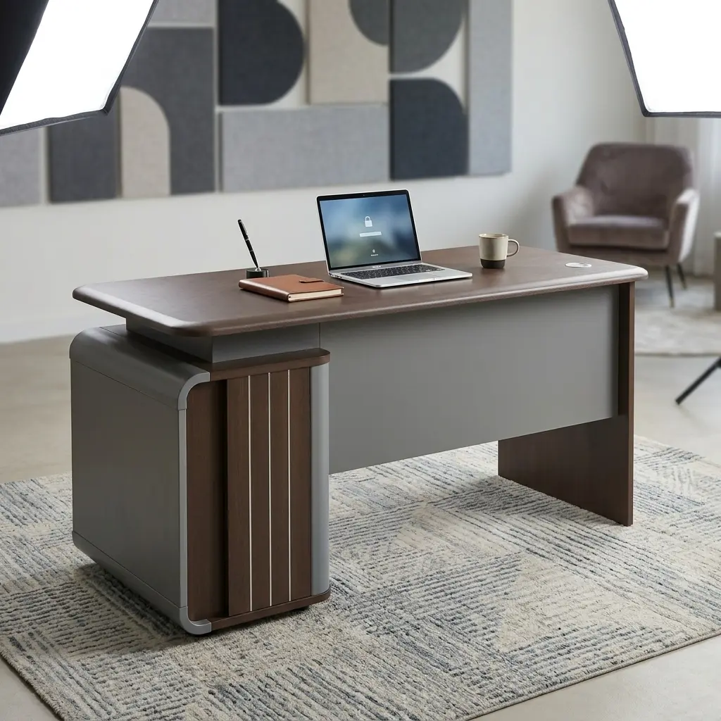 Walnut wood 1.8m Modern Executive Desk with a built-in electronic lock drawer and charcoal gray base resting on a beige textured rug in a contemporary home office.