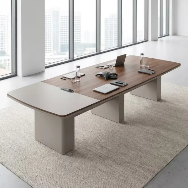 Large 3.2m executive boardroom table with a walnut wood top and matte gray extensions sitting on a rug in a modern office overlooking skyscrapers.