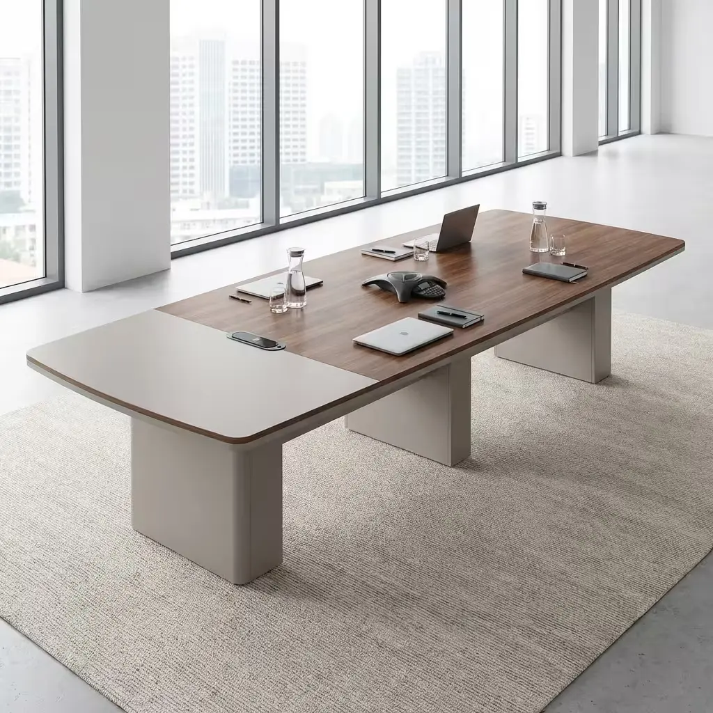 Large 3.2m executive boardroom table with a walnut wood top and matte gray extensions sitting on a rug in a modern office overlooking skyscrapers.