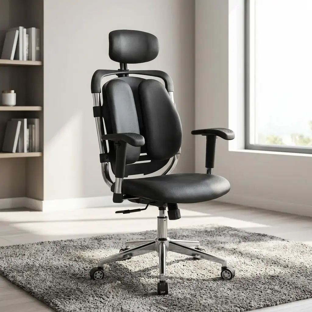 Front and rear views of a black ergonomic split backrest chair with adjustable headrest and polished chrome wheeled base on a gray rug.