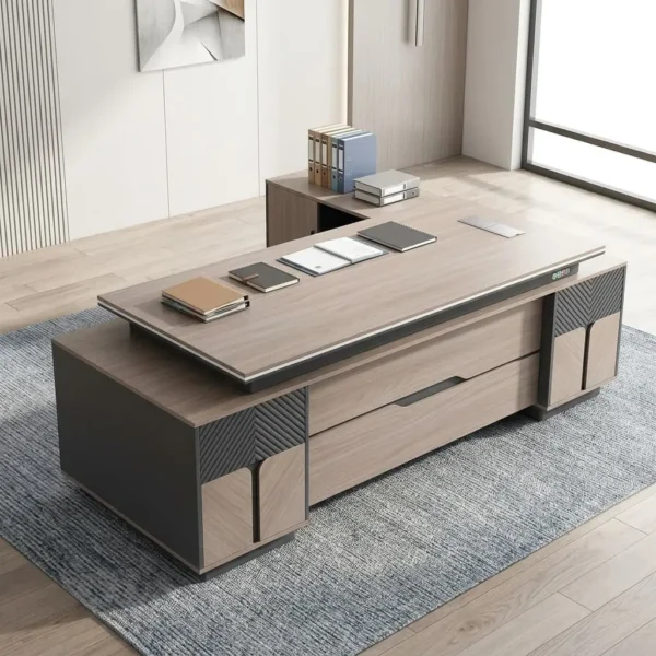 Sleek dark wood 2.4m executive office desk featuring a gray side cabinet extension with three drawers inside a bright minimalist workspace environment.