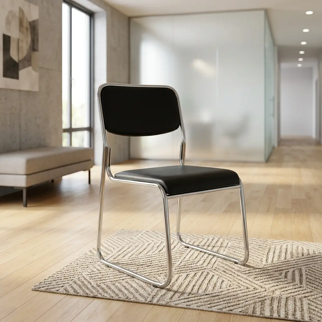 Black leather cantilever chair with a polished chrome continuous steel frame on a gray carpet inside a bright minimalist office room.