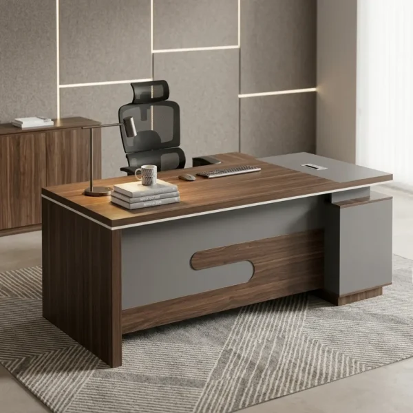 Modern L-shaped 1.8m walnut gray executive desk featuring integrated side storage cabinet and modern wood paneling setup in a luxury office overlooking a city skyline.