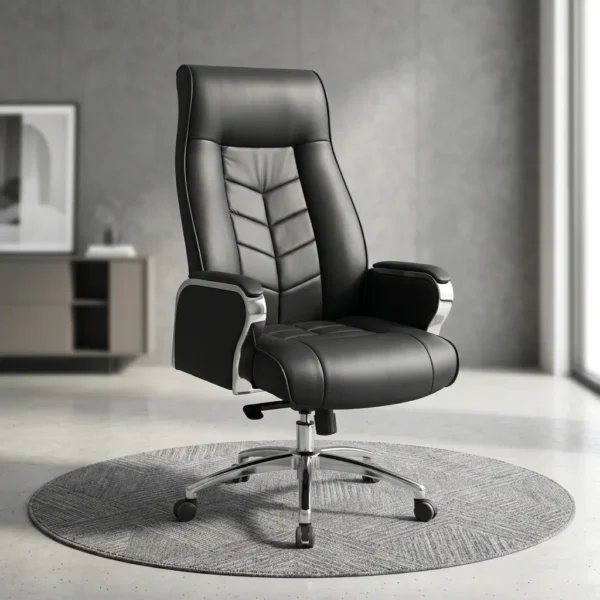 High-back Ergonomic Executive Office Chair in black leather with chrome accents on a round gray rug in a modern home office.
