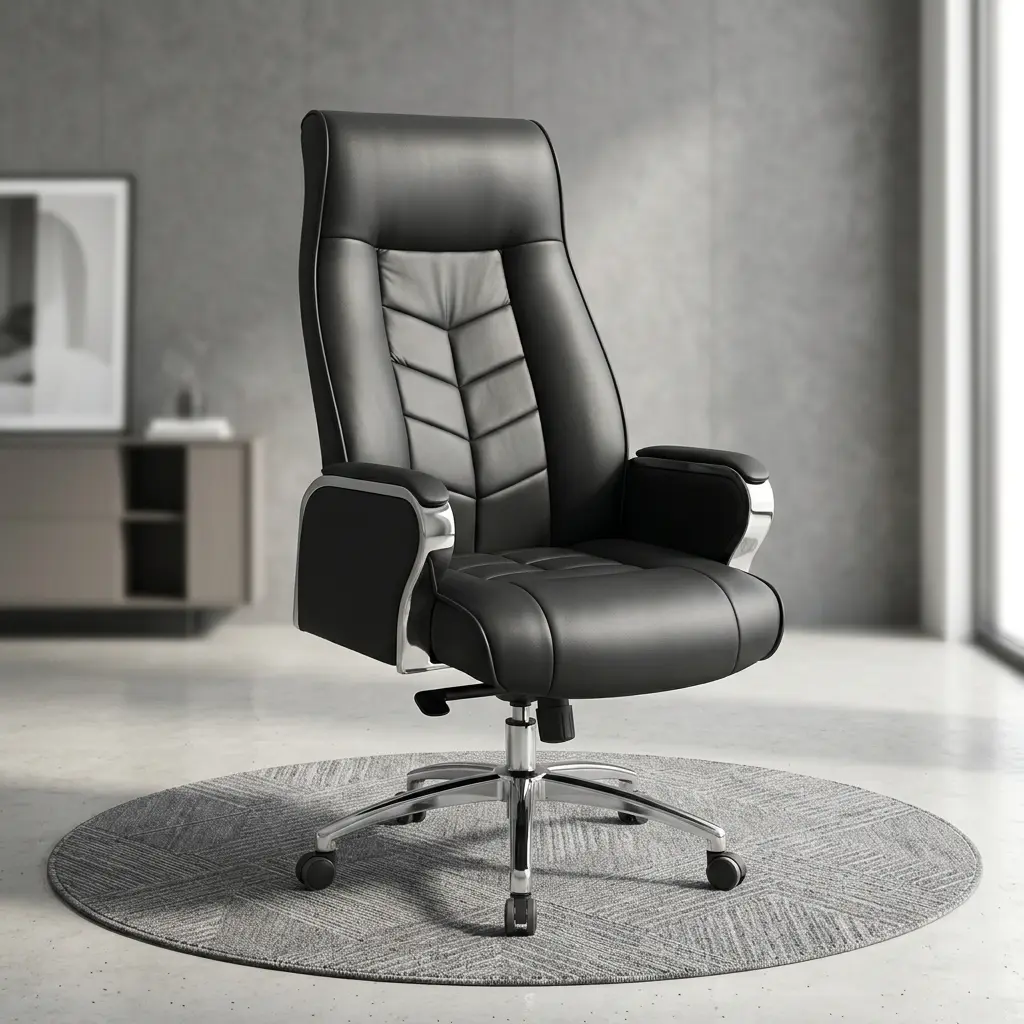 High-back Ergonomic Executive Office Chair in black leather with chrome accents on a round gray rug in a modern home office.