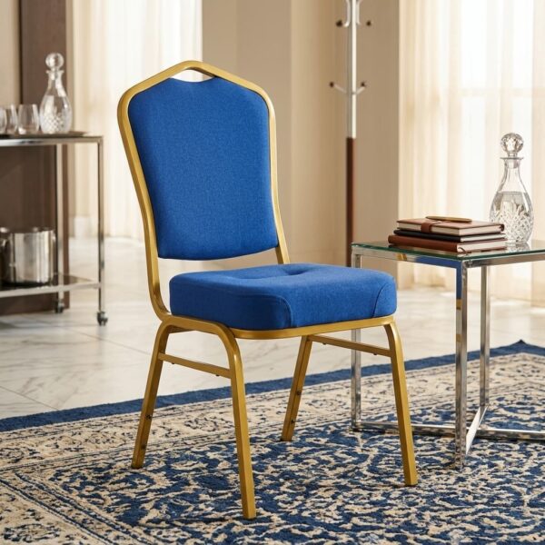 Royal blue and gold banquet chair with high-density plush cushion and crown back handle cutout