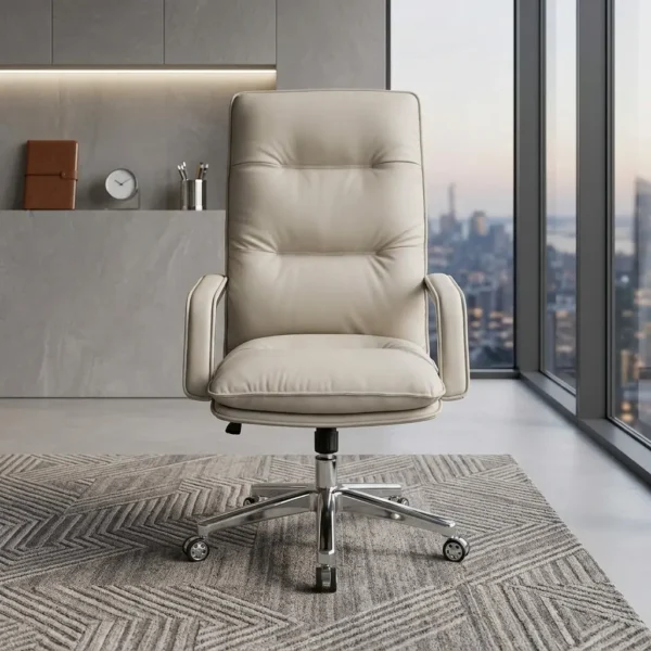 Cream tufted executive chair with a high back and polished chrome wheeled base in a modern luxury office overlooking a city skyline.