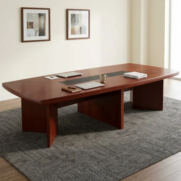 Large boat-shaped 3M Mahogany Executive Boardroom Table with integrated black center wire management track on an ornate patterned rug in a modern office conference room.