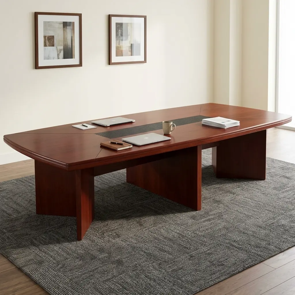 Large boat-shaped 3M Mahogany Executive Boardroom Table with integrated black center wire management track on an ornate patterned rug in a modern office conference room.