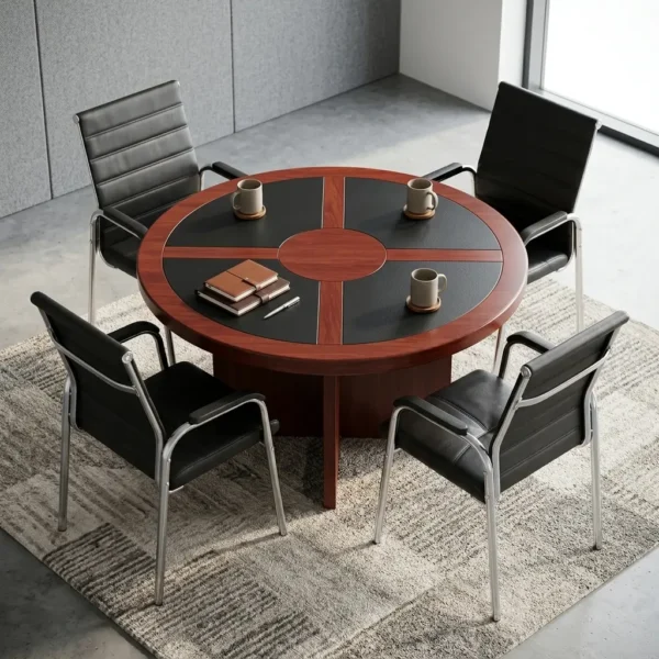 A premium 1.5M round conference table with black writing pad inserts and four black leather office chairs arranged neatly on a rug.