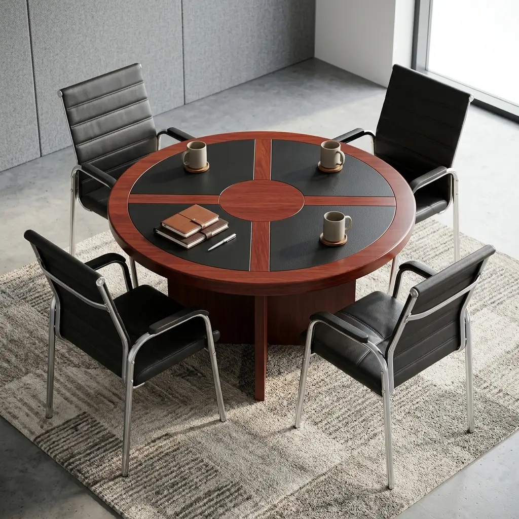 A premium 1.5M round conference table with black writing pad inserts and four black leather office chairs arranged neatly on a rug.