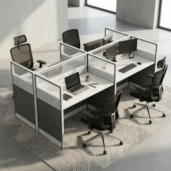 A clean white and gray 4 person office cubicle workstation featuring frosted glass privacy dividers and lockable under desk drawers on a pattern rug.