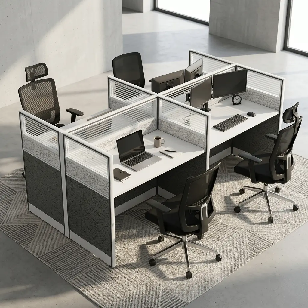 A clean white and gray 4 person office cubicle workstation featuring frosted glass privacy dividers and lockable under desk drawers on a pattern rug.