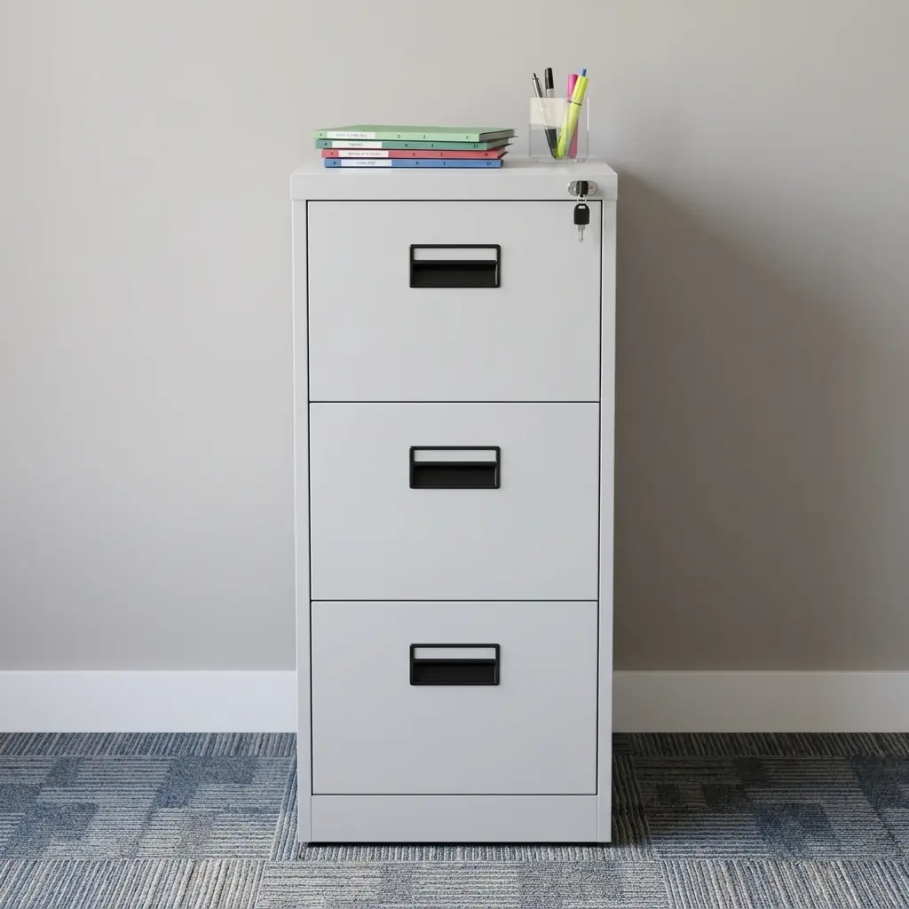 White metal 3-Drawer Office Storage Cabinet with a lock and key on a blue patterned carpet against a gray wall.